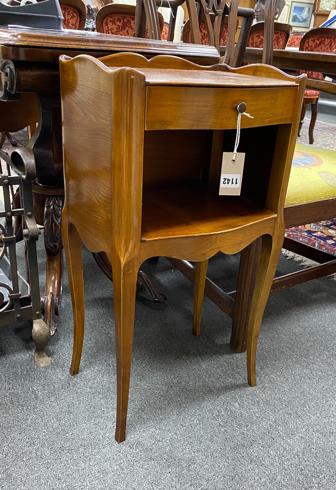A pair of French cherry wood bedside tables, width 37cm, depth 26cm, height 70cm